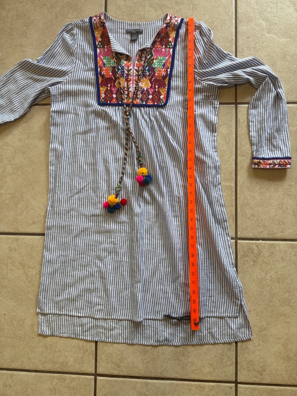 Striped Embroidered Boho Tunic Dress with Pom Tassels - Blue & Multicolor - Picture 8 of 8